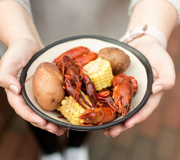 low country boil with potatoes, corn and crawfish